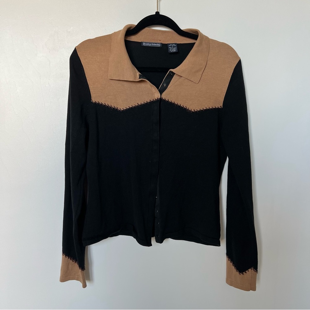 Silk and cotton blend tan and black Bentley Arbuckle button-up cardigan.